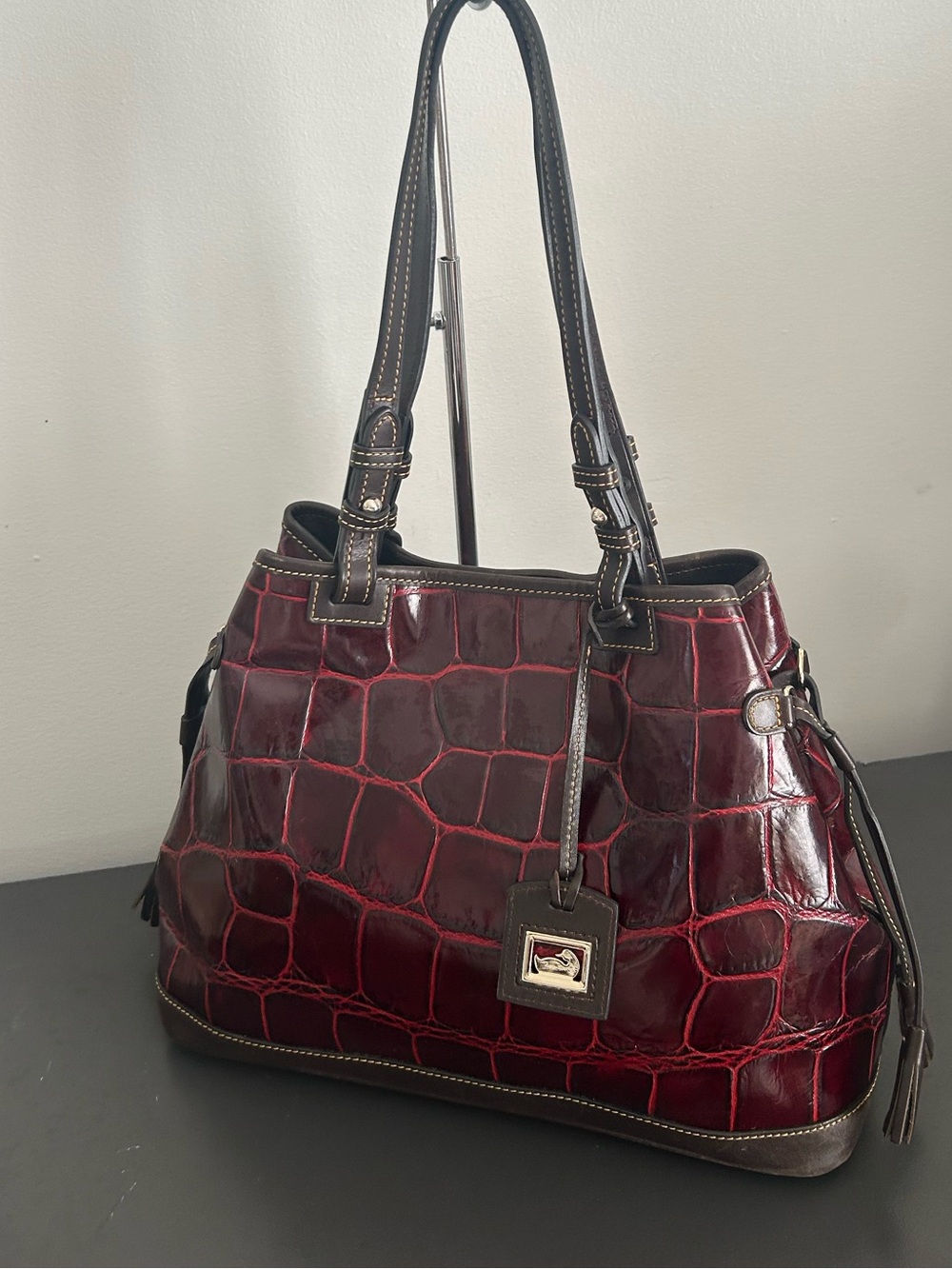 Dooney & Bourke Burgundy Croc Embossed Leather Large Tassel Shoulder Tote - Picture 10 of 15